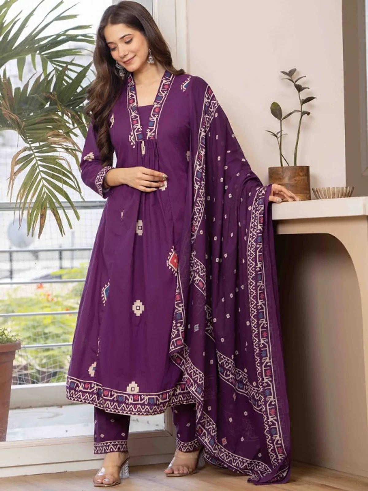 Wine Purple Printed Anarkali Kurta Set with Dupatta