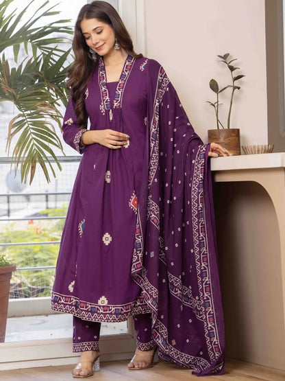 Wine Purple Printed Anarkali Kurta Set with Dupatta