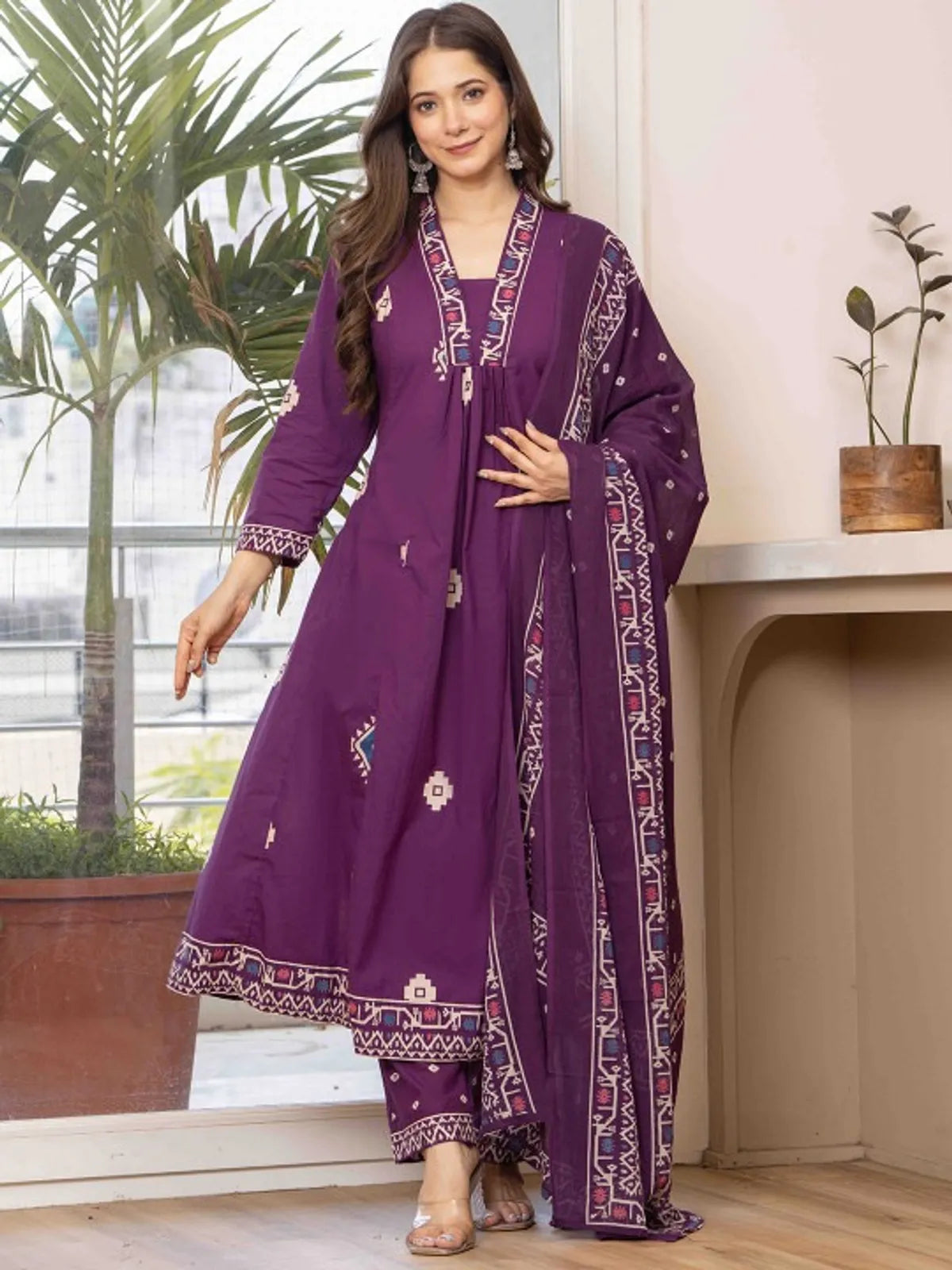 Wine Purple Printed Anarkali Kurta Set with Dupatta