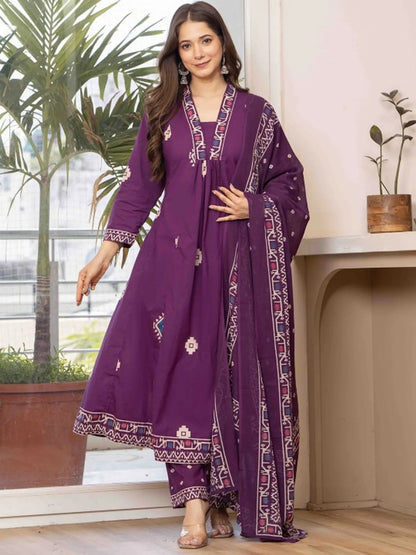 Wine Purple Printed Anarkali Kurta Set with Dupatta