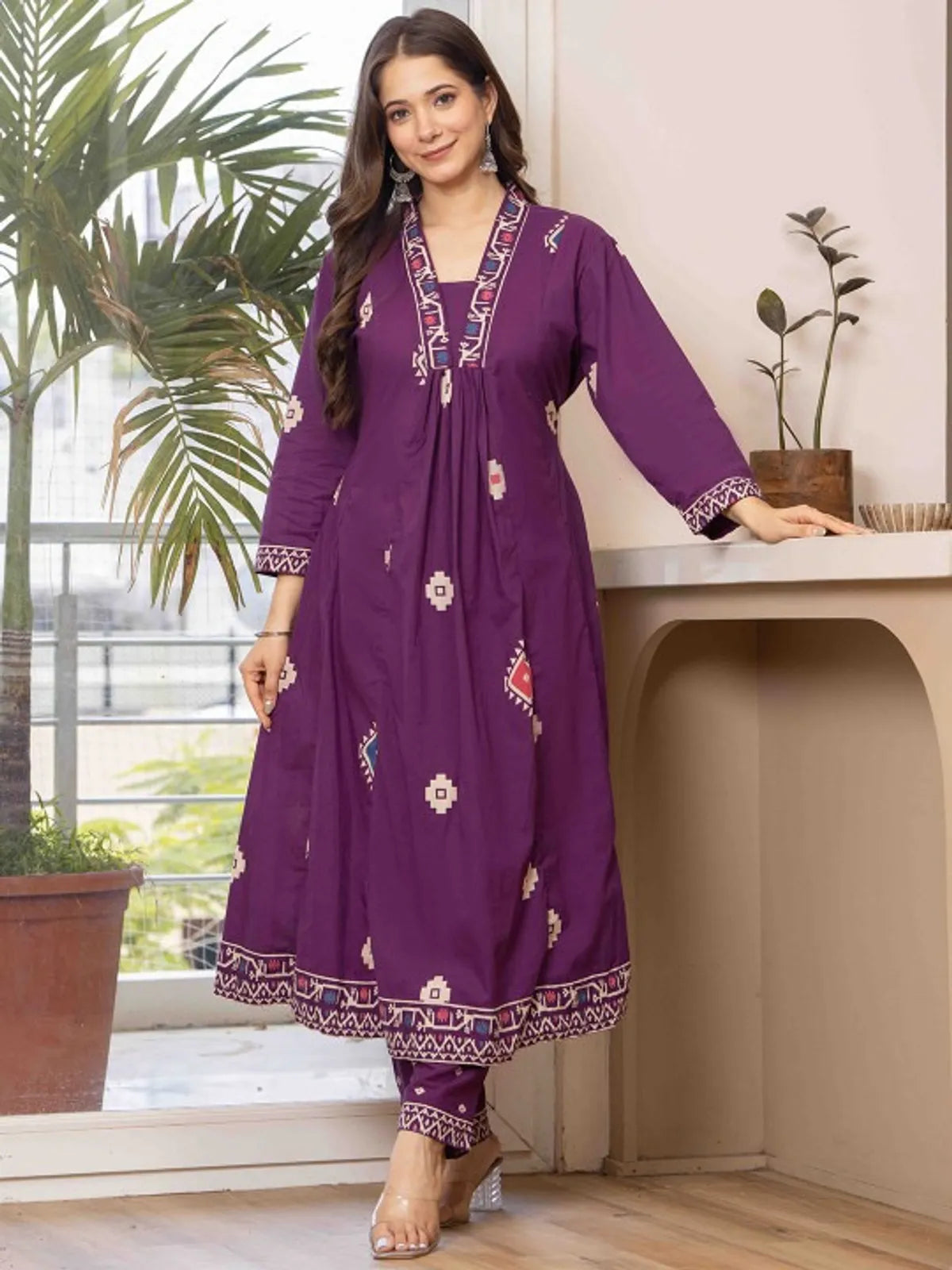 Wine Purple Printed Anarkali Kurta Set with Dupatta