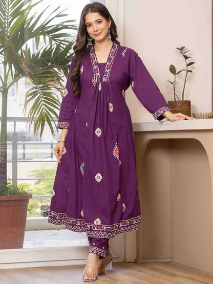 Wine Purple Printed Anarkali Kurta Set with Dupatta