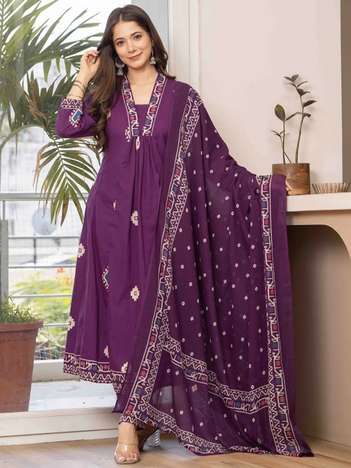 Wine Purple Printed Anarkali Kurta Set with Dupatta