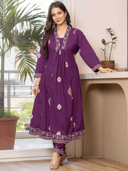 Wine Purple Printed Anarkali Kurta Set with Dupatta