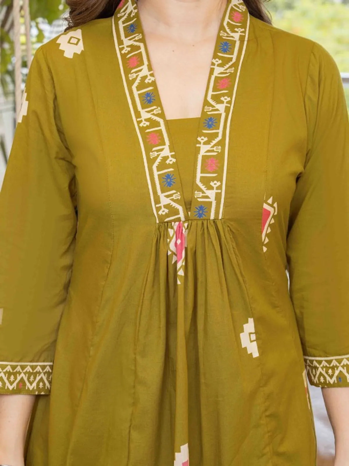 Olive Green Printed Anarkali Kurta Set with Dupatta