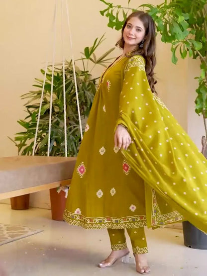 Olive Green Printed Anarkali Kurta Set with Dupatta