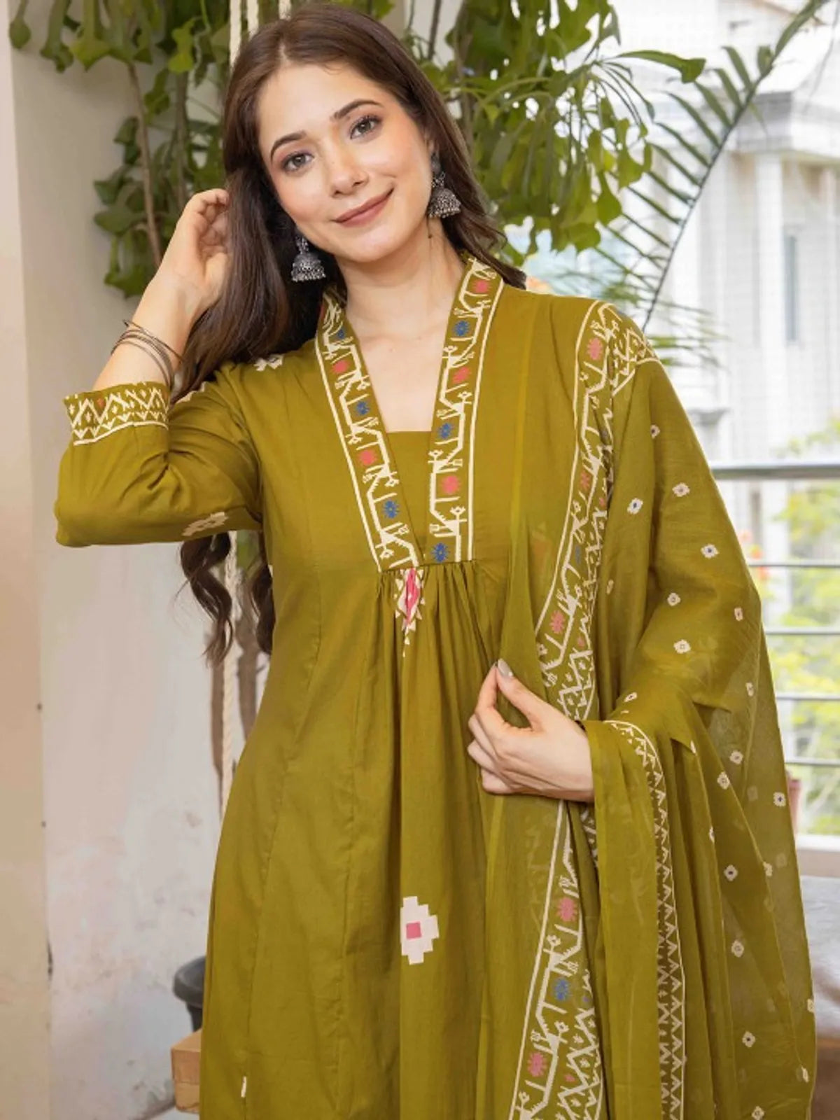 Olive Green Printed Anarkali Kurta Set with Dupatta