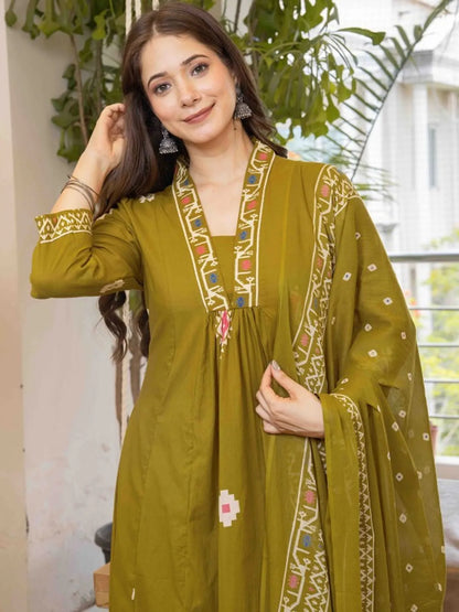 Olive Green Printed Anarkali Kurta Set with Dupatta