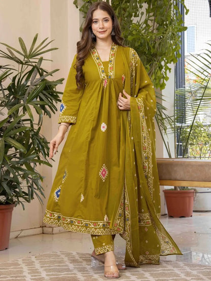 Olive Green Printed Anarkali Kurta Set with Dupatta
