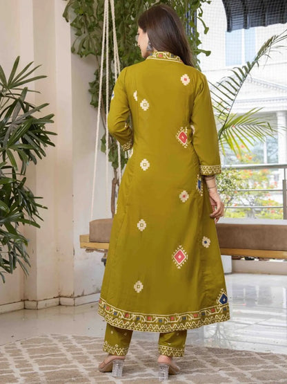Olive Green Printed Anarkali Kurta Set with Dupatta