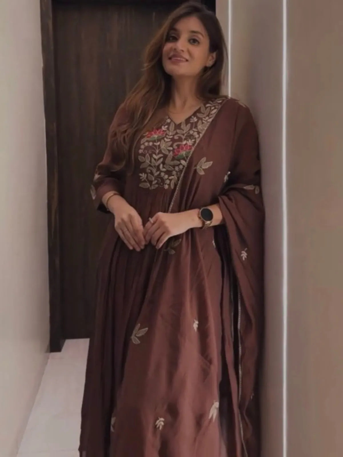 Brown Floral Embroidered Anarkali Kurta with Matching Dupatta