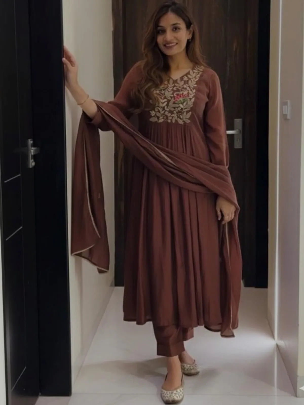 Brown Floral Embroidered Anarkali Kurta with Matching Dupatta