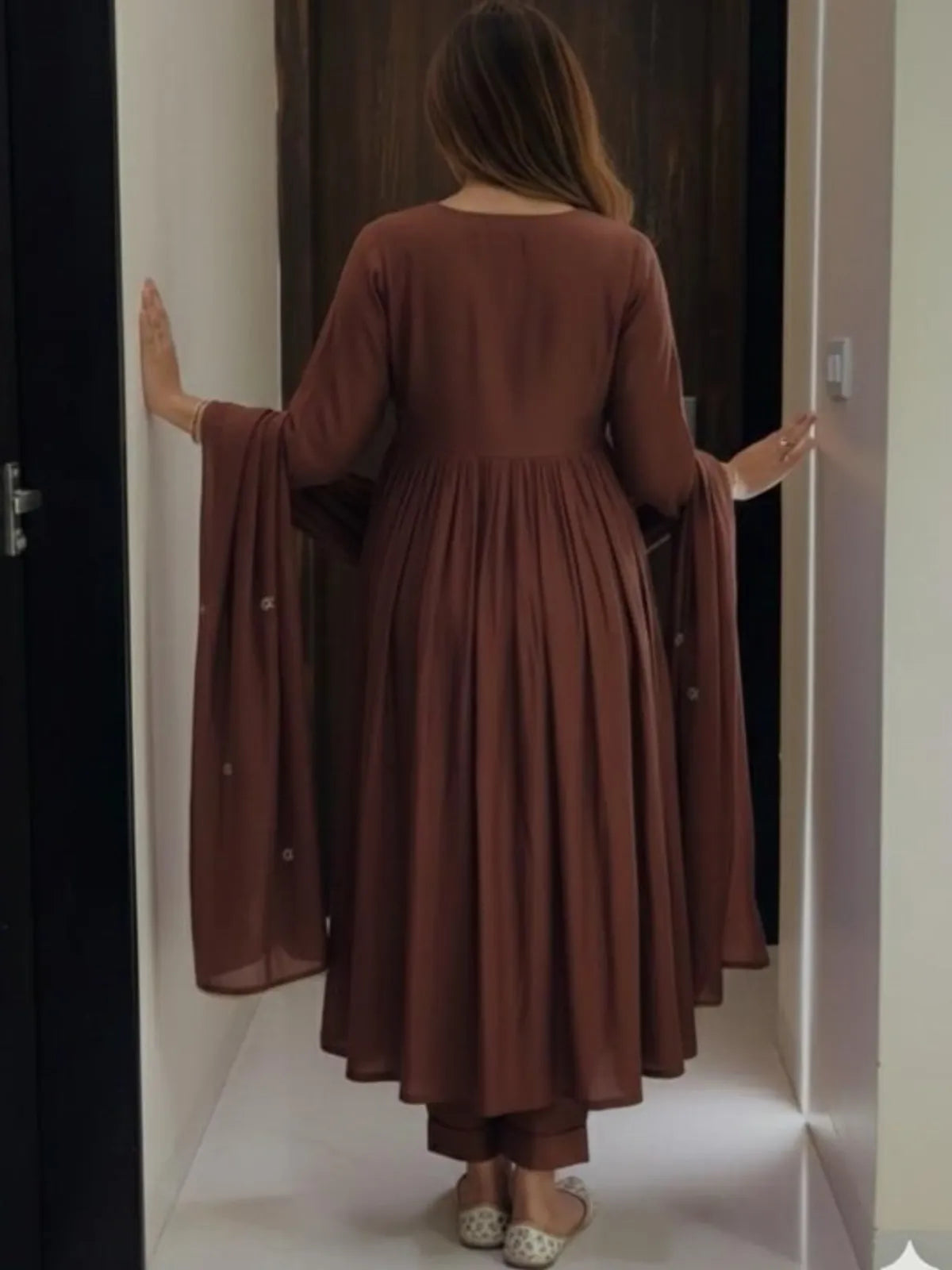 Brown Floral Embroidered Anarkali Kurta with Matching Dupatta