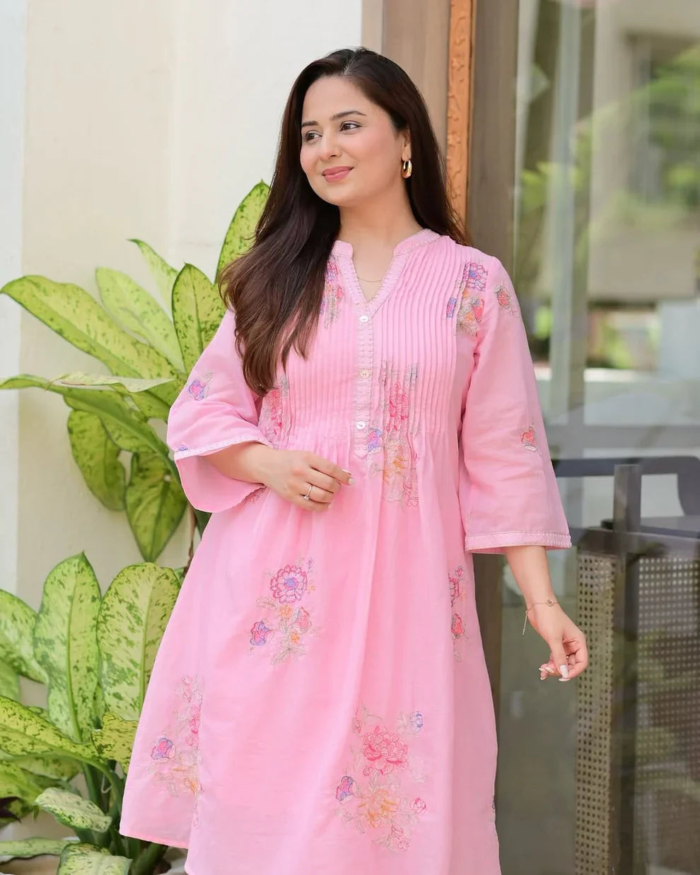 Pink  A-line mulmul cotton kurta set with a plazo