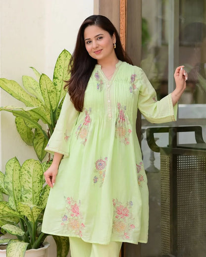 Light green A-line mulmul cotton kurta set with a plazo