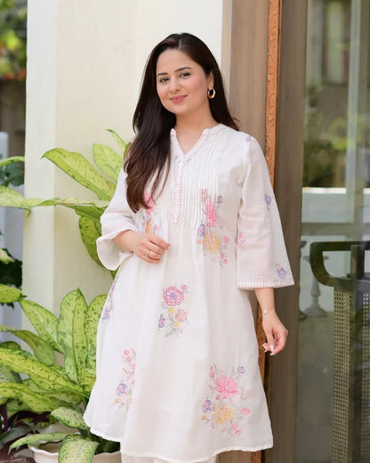 Elegant White Mulmul Cotton A-Line Kurta Set with Floral Embroidery