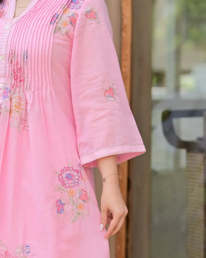 Pink  A-line mulmul cotton kurta set with a plazo