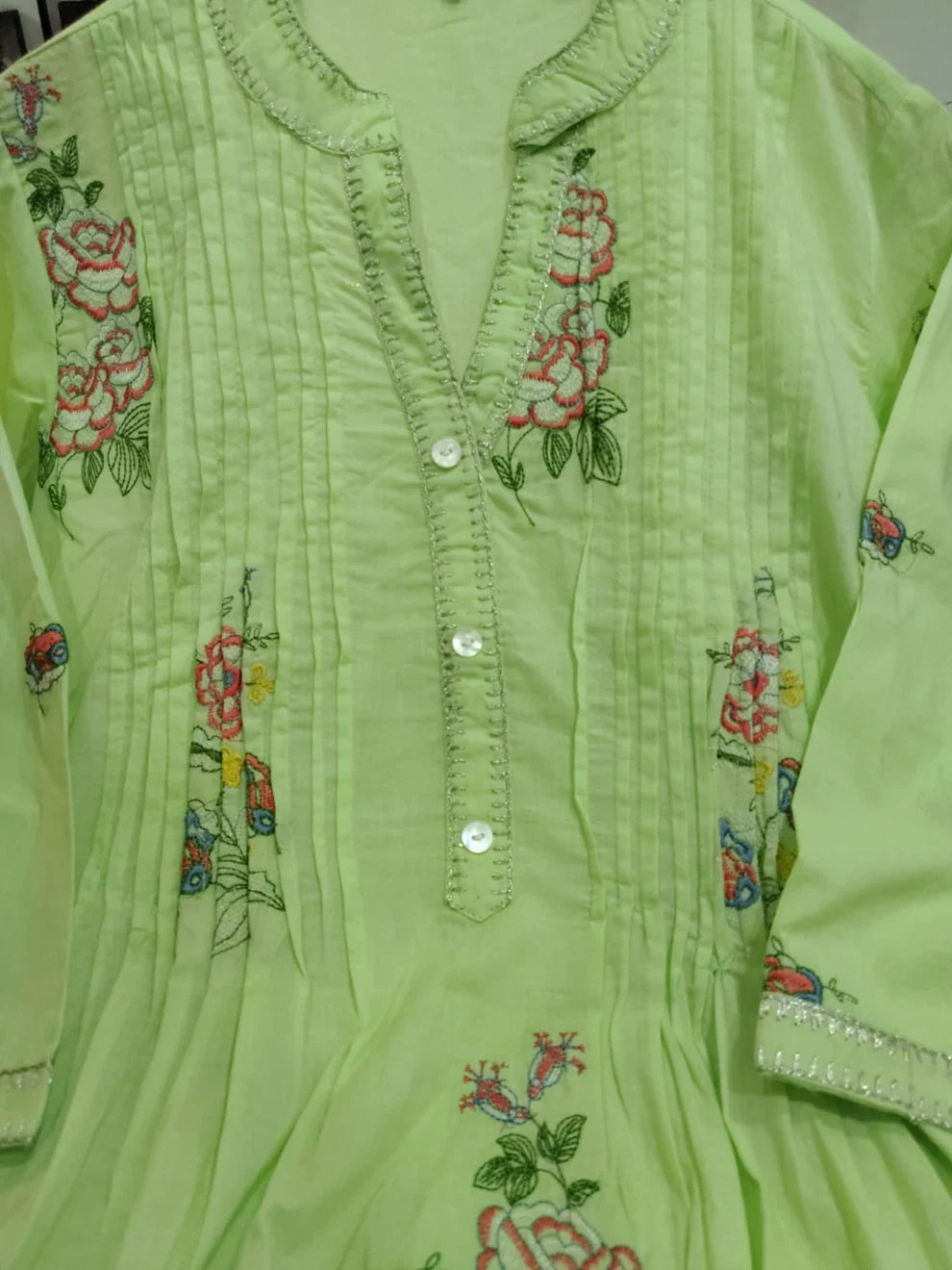 Light green A-line mulmul cotton kurta set with a plazo