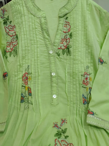 Light green A-line mulmul cotton kurta set with a plazo