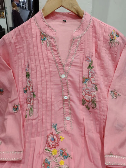 Pink  A-line mulmul cotton kurta set with a plazo