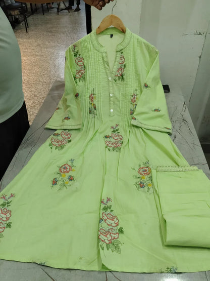 Light green A-line mulmul cotton kurta set with a plazo