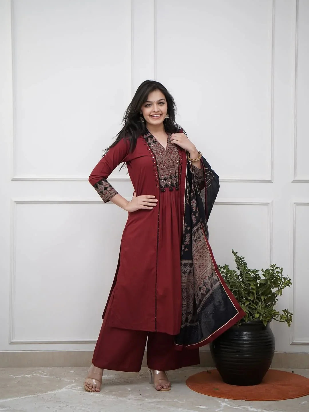 Jaipuraa Maroon Printed Kurta Set with Contrast Dupatta