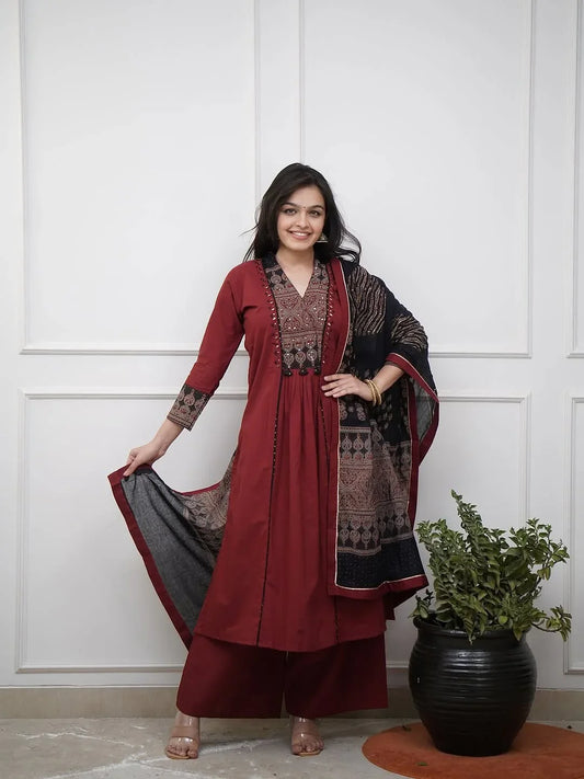 Jaipuraa Maroon Printed Kurta Set with Contrast Dupatta
